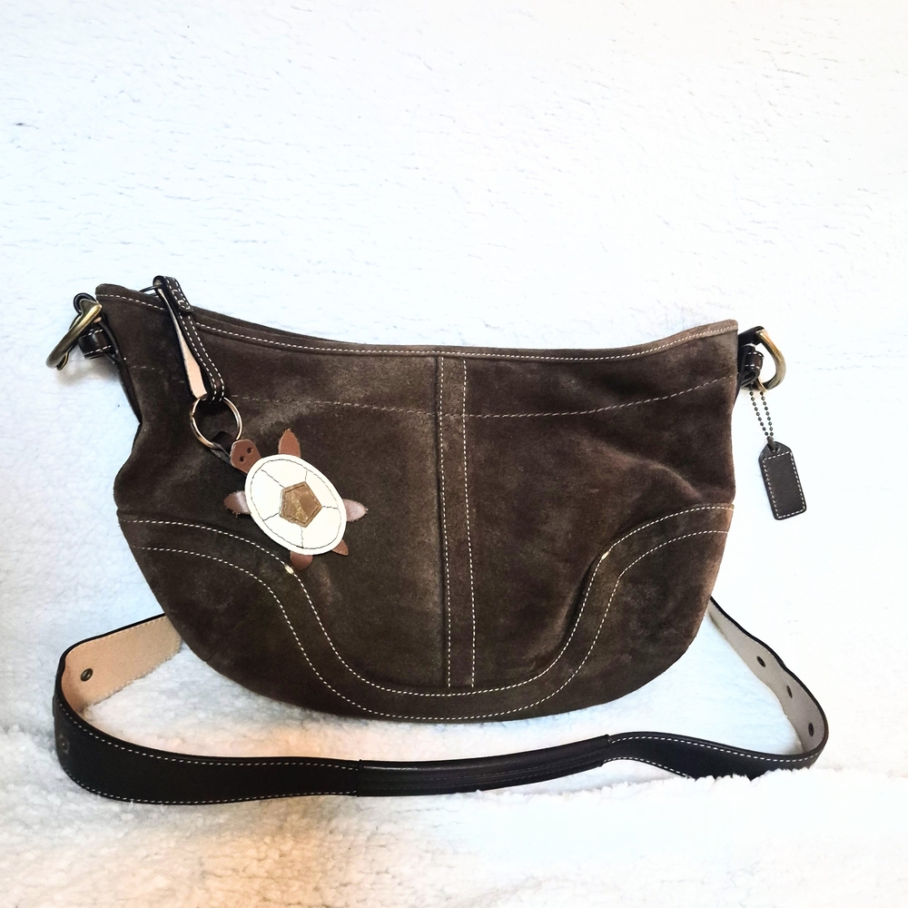 Coach Brown Suede Shoulder Bag with Turtle Charm